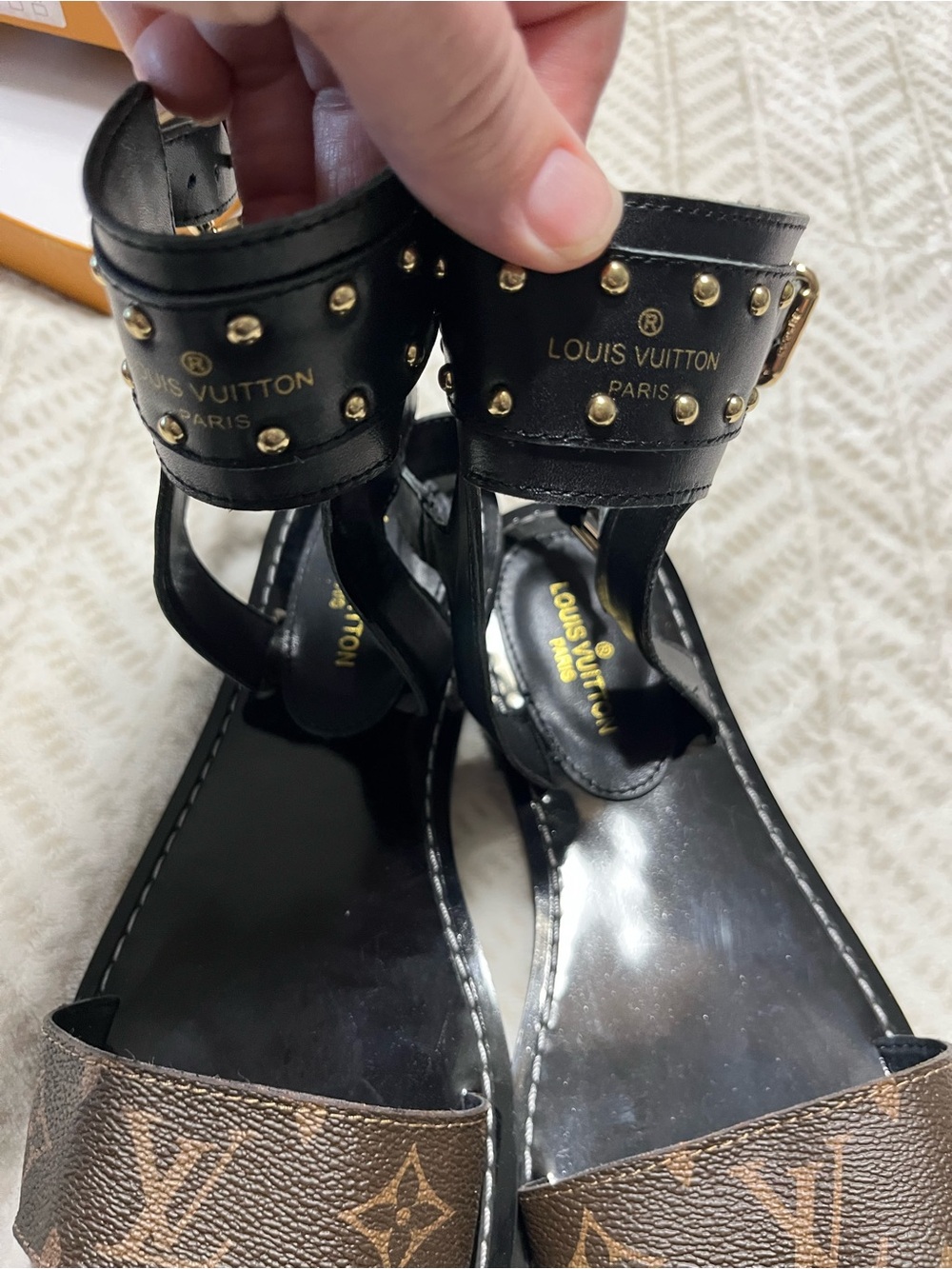 Louis Vuitton Black Leather Sandals with Monogram Brown Strap 10 - Picture 2 of 16